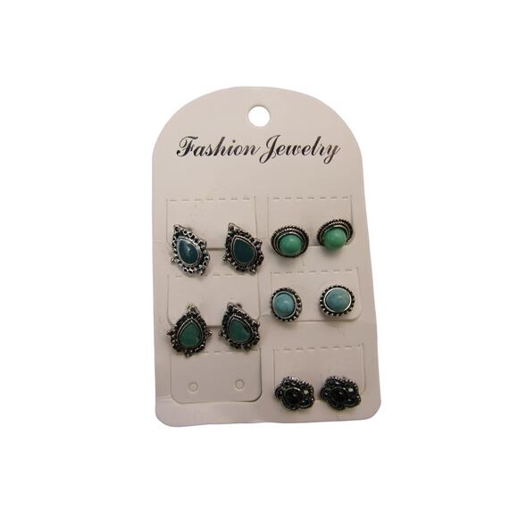 5 pc Bundle Turquoise, Black Silver Stud Earrings Boho - Picture 1 of 3